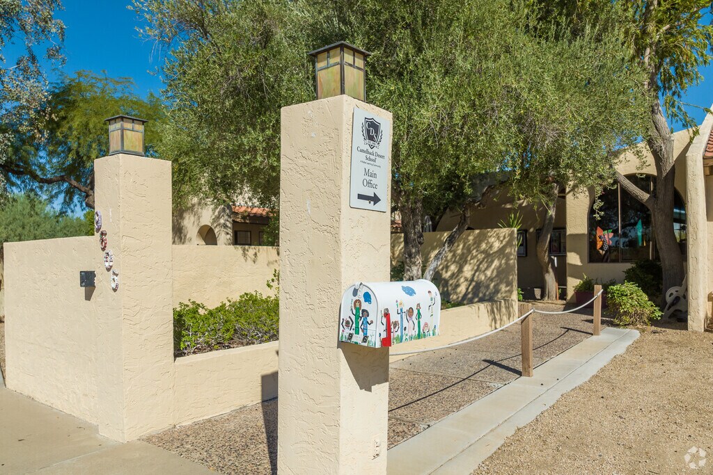 A painted mailbox marks the entrance to Camelback Desert School in Shea Corridor.