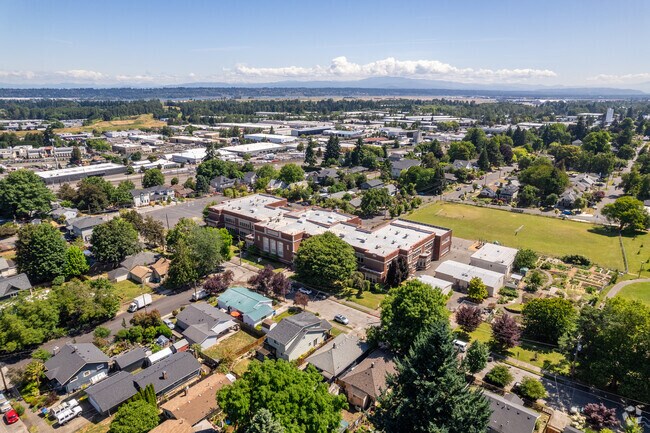 Overlooking Woodlawn K-5 School toward the Columbia River and Mt Saint Helens.