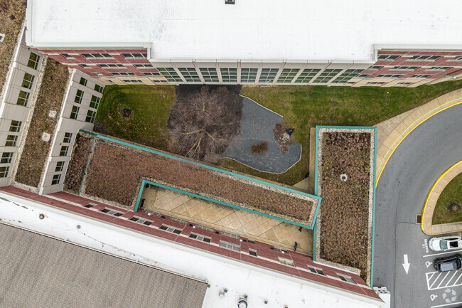 This overhead view shows Radnor Middle School's courtyard and green roofs.