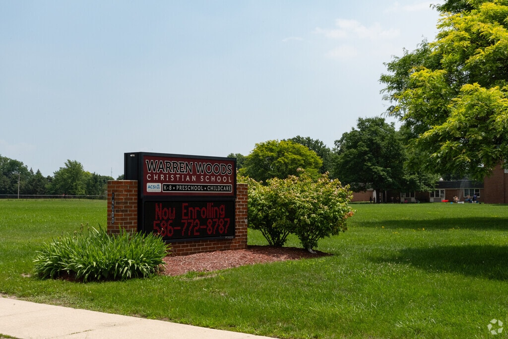 Entrance sign and walkway at Warren Woods Christian School in Warren.