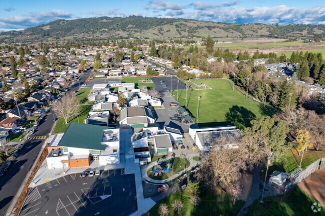 Evergreen Elementary School offers a sprawling campus when viewed from above.