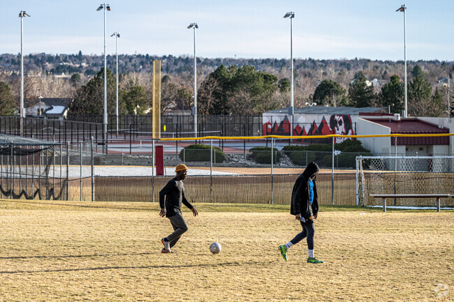 Visitors enjoy playing sports on the athletic fields in Aurora, Colorado.