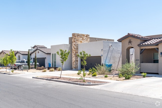 Stucco architecture style homes are prevalent in Socorro.