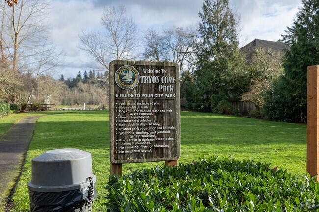 A sign welcomes you to Tryon Cove Park on Stampher Rd in Lake Oswego.