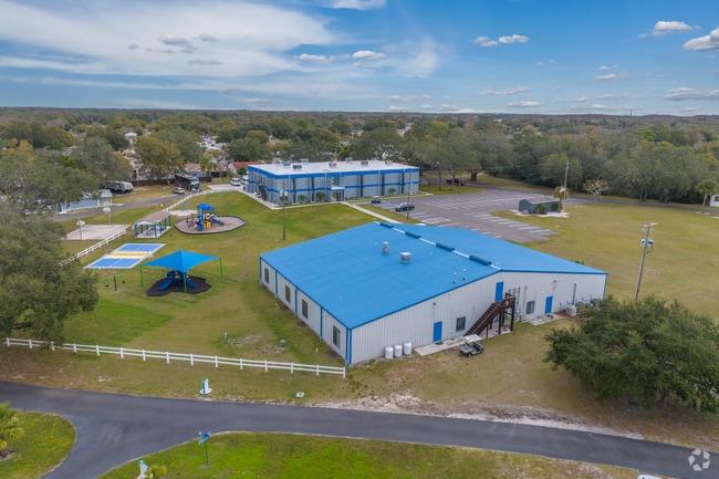 Hope Christian School is highlighted by its blue buildings.
