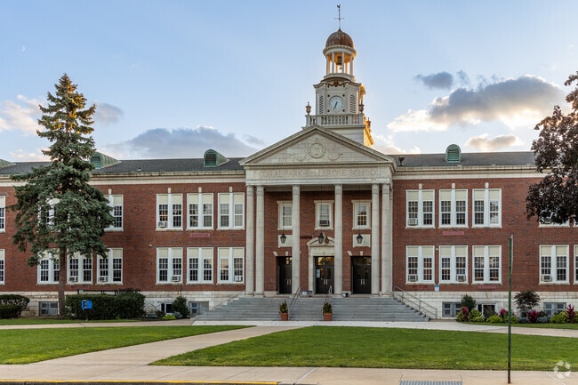 Sunset over Floral Park-Bellerose School highlights the neighborhood’s peaceful vibe.