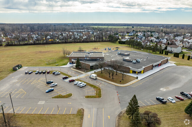 The entrance at Savage Road Elementary School has a wraparound drive for pickup and drop-offs.