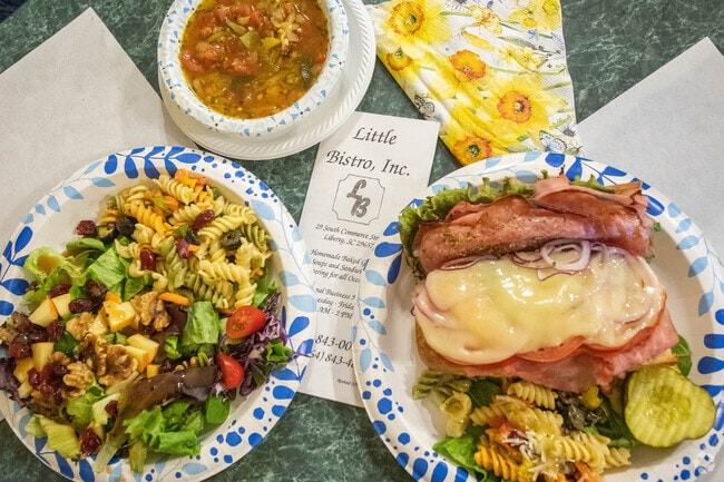 Little Bistro on Main St features home made cooking, and always has a unique napkin every day as well as fresh baked desserts