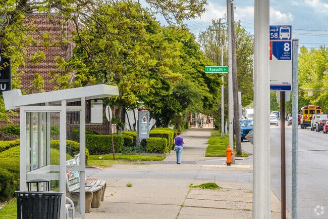 Marked bus stops can be found along S. High street in The Brewery District.