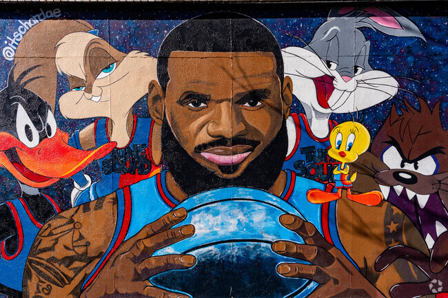 A mural in the West Hill neighborhood depicts hometown basketball legend LeBron James.