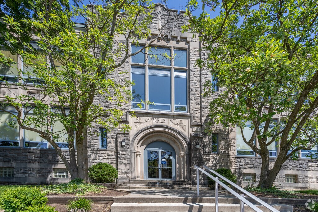 St. Catharine of Siena School has steps that lead to the front entrance.