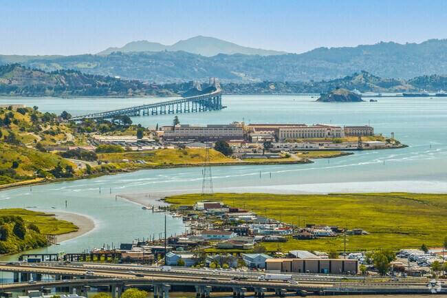 The Richmond/San Rafael bridge can be seen from various vantage points throughout Larkspur.