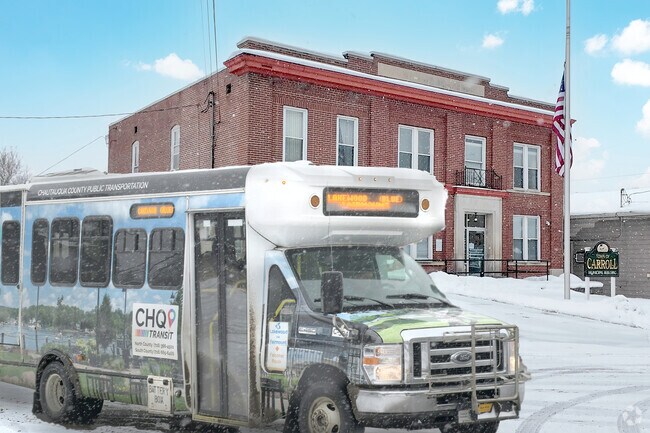 Public transportation in Frewsburg includes a CARTS bus stop at Town Hall, connecting residents to Jamestown and beyond.