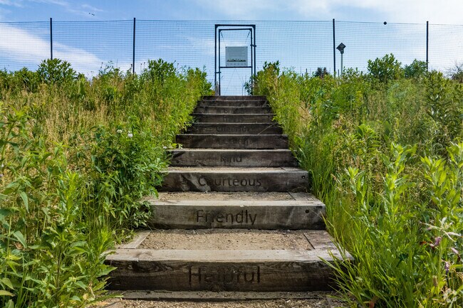 Walk the engraved wooden steps up to the Orchid Heights community garden.