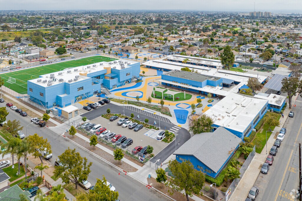 King-Chavez Primary Academy aerial view of entire campus with sports fields, parking, and more.
