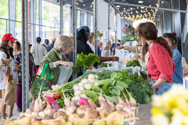 The Fulton Street Farmers market is a nearby resource for fresh produce most of the year.