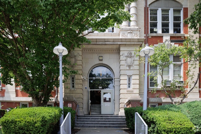 Students can enter through the arched doorway of Fairmont Elementary School in Hackensack, NJ.