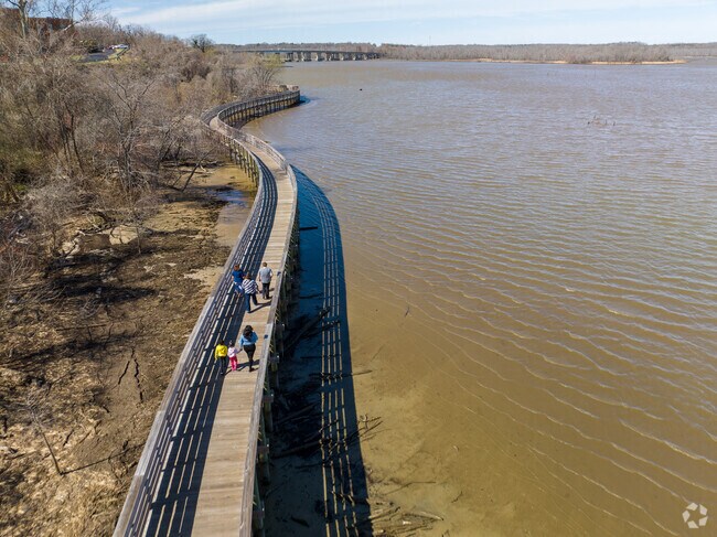 You can see people walking on the boardwalk at Hopewell City Park on the Appomattox River.