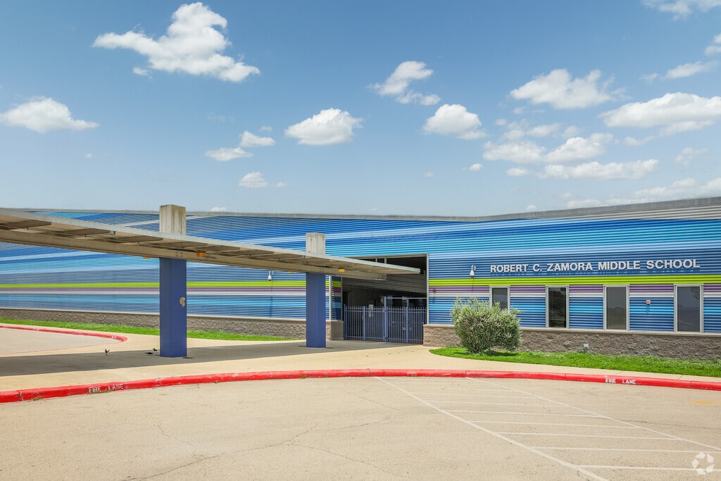 The colorful exterior of Robert C. Zamora Middle School welcomes South San Antonio students.