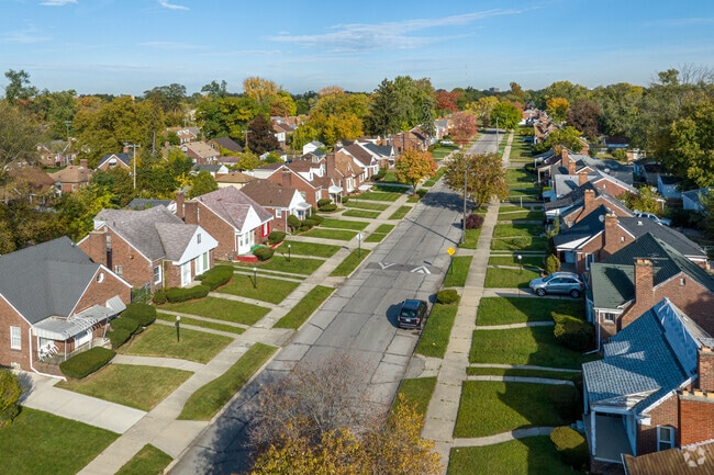 An aerial row of homes in the College Park neighborhood of Detroit, MI.