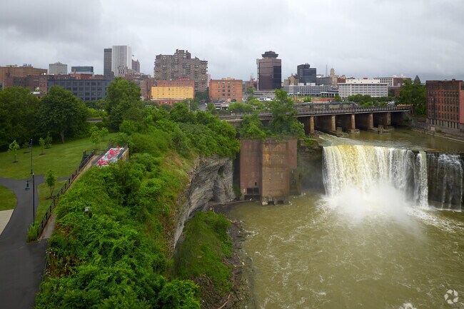 High Falls as seen from High Falls Terrace Park along the multi-use Genesee Riverway Trail.