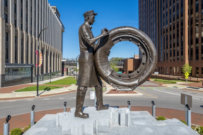 The steel sculpture is a historical representation of Downtown Akron.