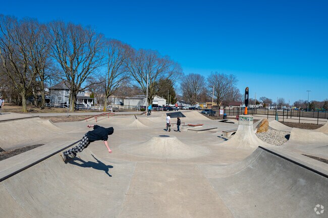 The skate park at Peru's Riverwalk Park is a busy place on a warm sunny day.