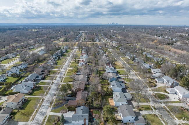 An elevated view of a residential area in Beachwood, OH.