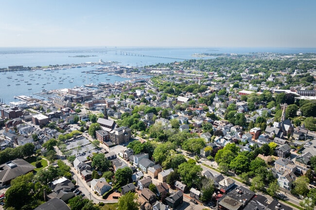 From above, colonial homes dot the landscape of Newport's Historic Hill neighborhood.