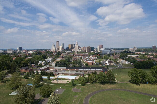 A view of Sheldon Charter Oak with downtown Hartford in the background.