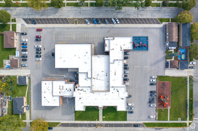 Over-the-head aerial view of Roosevelt Elementary School.
