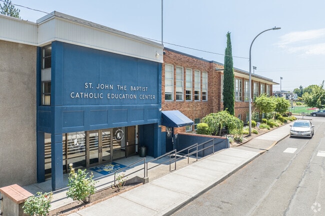 The Front of St. John The Baptist Catholic School in Historic Milwaukie.