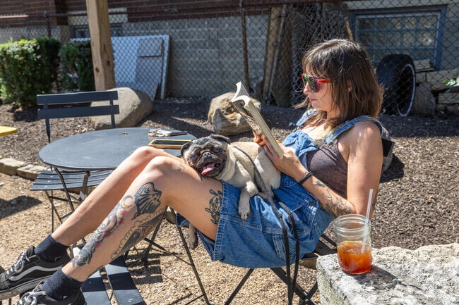 This Camp Washington is chilling in the sun with her relaxed dog.