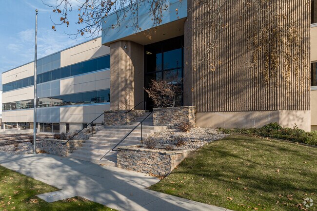 Salt Lake Virtual School’s entrance uses stone work to create different patterns.