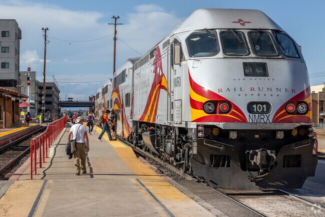 The Rail Runner pulls into downtown near Broadway Central Corridor’s western edge.
