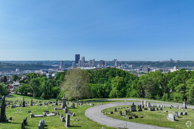 View of Downtown Pittsburgh from the top of St. John's Lutheran Cemetery.