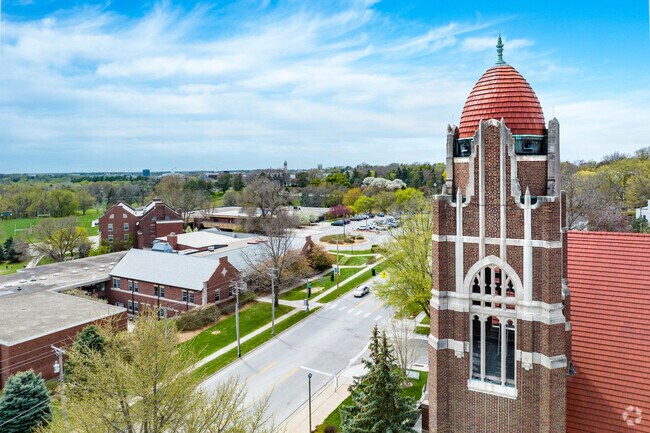 The Dundee Presbyterian Church bell tower overlooks Memorial Park.