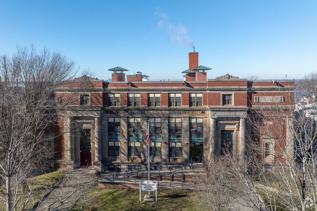 Front entrance at Resiliency Middle School in Fall River, Massachusetts.