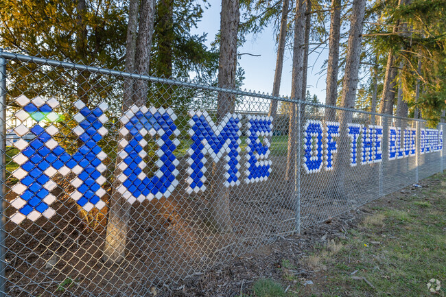 Sharpsville's High School boosts its Home of the Blue with a colorful sign.