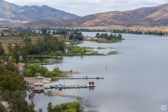 An elevated view shows where one can rent fishing boats, or launch one's own at Otay Lake.