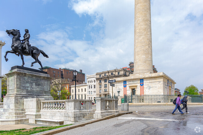 The Washington Monument is the heart of the Mount Vernon neighborhood in Baltimore, MD.
