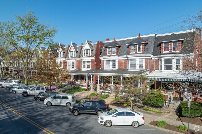 Well-maintained row houses in College Park sit steps away from Franklin and Marshall University.
