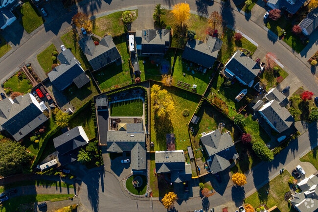 Top-down view of gardens in this Prairie Heights neighborhood.