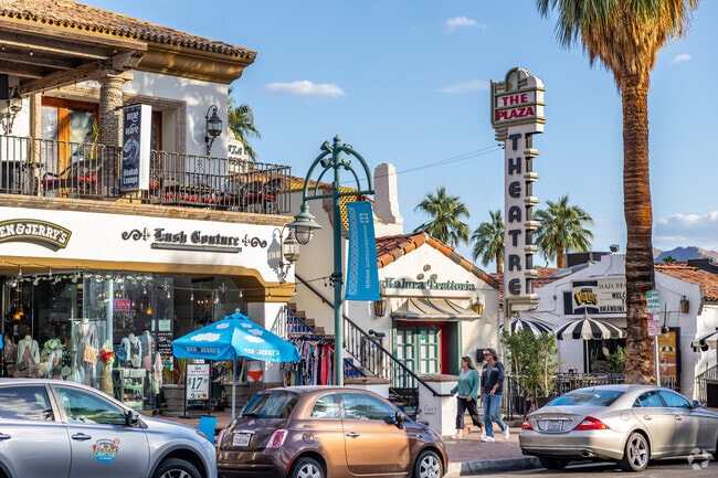 The Plaza Theatre is an iconic landmark on Palm Canyon Drive near Tahquitz River Estates.