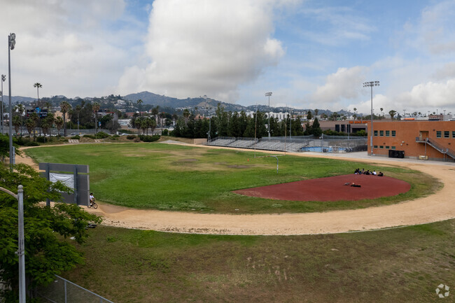 Football field at STEM Academy at Bernstein High in Los Angeles CA.