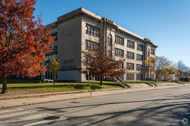 A side view of the side entrance of Gilbert Stuart High School in Providence.