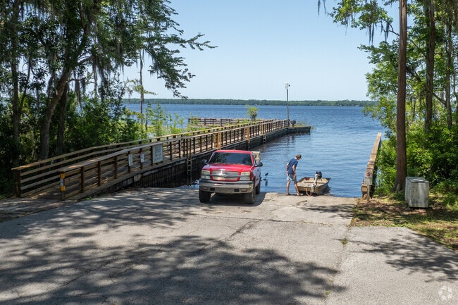 The boat dock at Ocean Pond is a popular spot for boaters and fishermen.