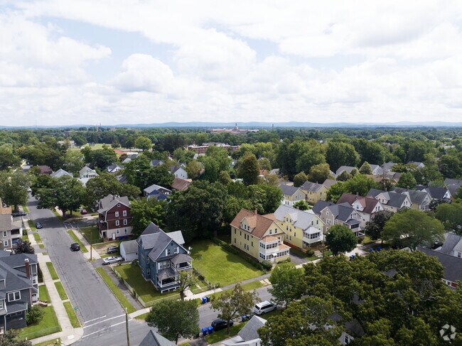An aerial view of the streets and homes in the Upper Hill section of Springfield.