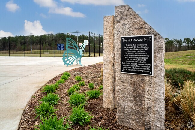 Merrick-Moore Park in East Durham has 4 soccer fields, restroom building, parking and lighting.