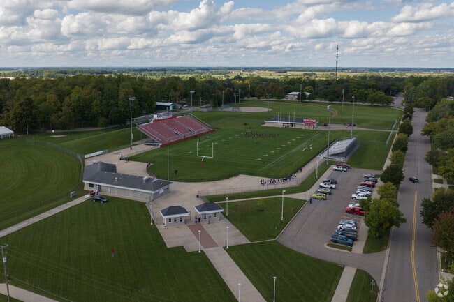 An aerial overview of the football field at St. Johns High school in central Clinton County.